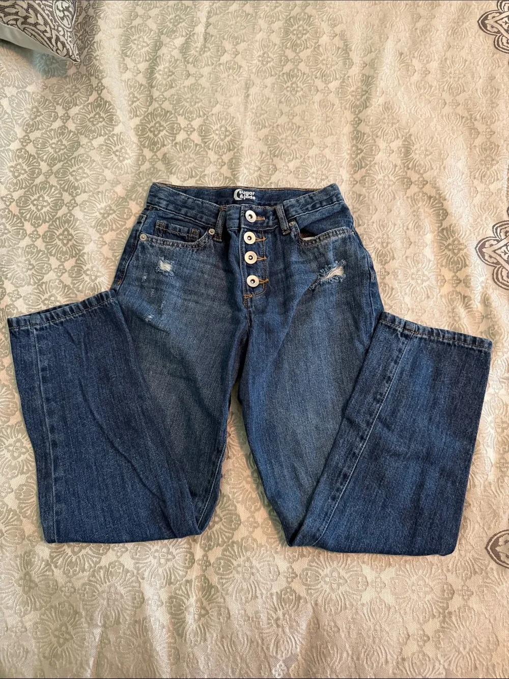 Button-Fly Distressed Kids Jeans in Dark Blue